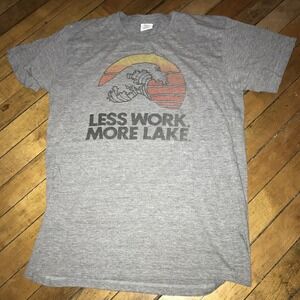 Mitten State "Less Work, More Lake" Adult Medium Gray Soft T-Shirt